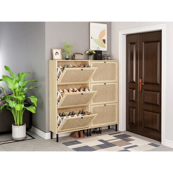 Natural Rattan 3 Door Shoe Rack， Freestanding Modern Shoe Storage Cabinet， for Entryway