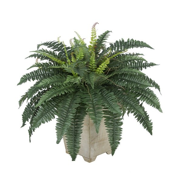 Faux Fern in Short Wood Washed Planter