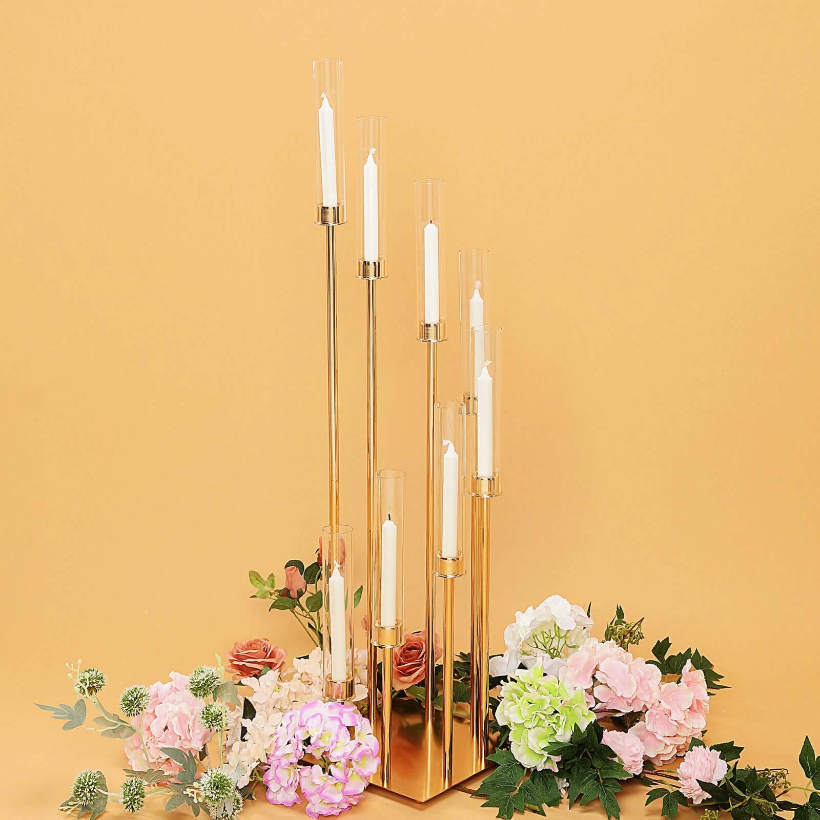 Gold 8 Arm Cluster Taper Candle Holder With Clear Glass Shades, Large Candle Arrangement 42