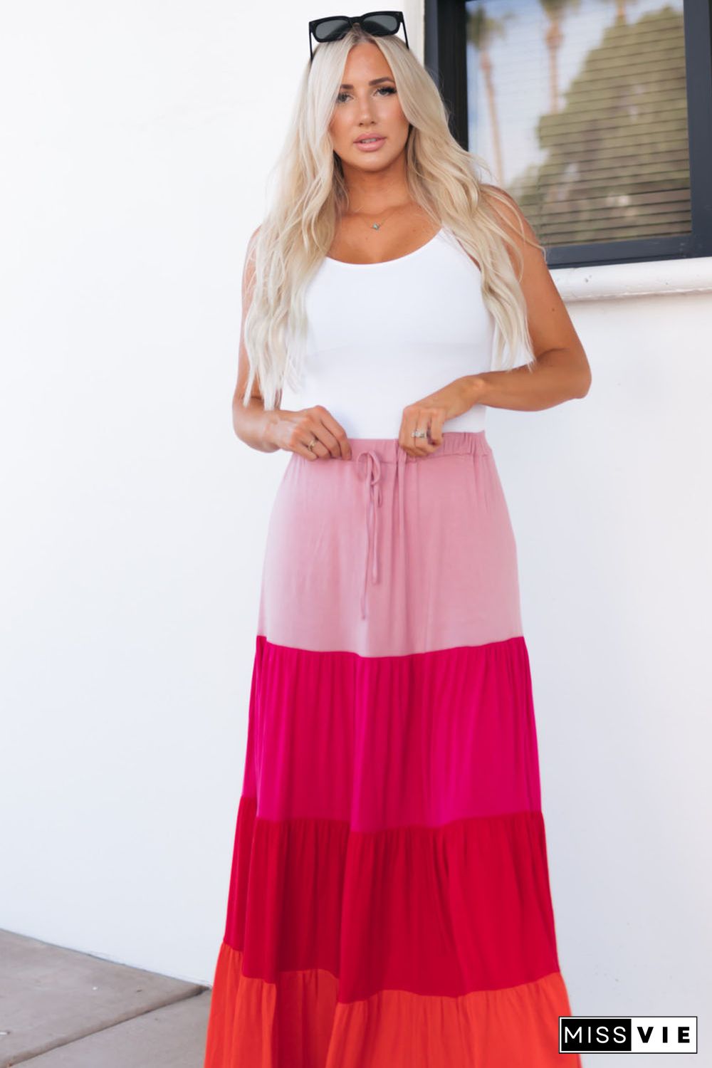 Pink Color Block Tiered Drawstring High Waist Maxi Skirt