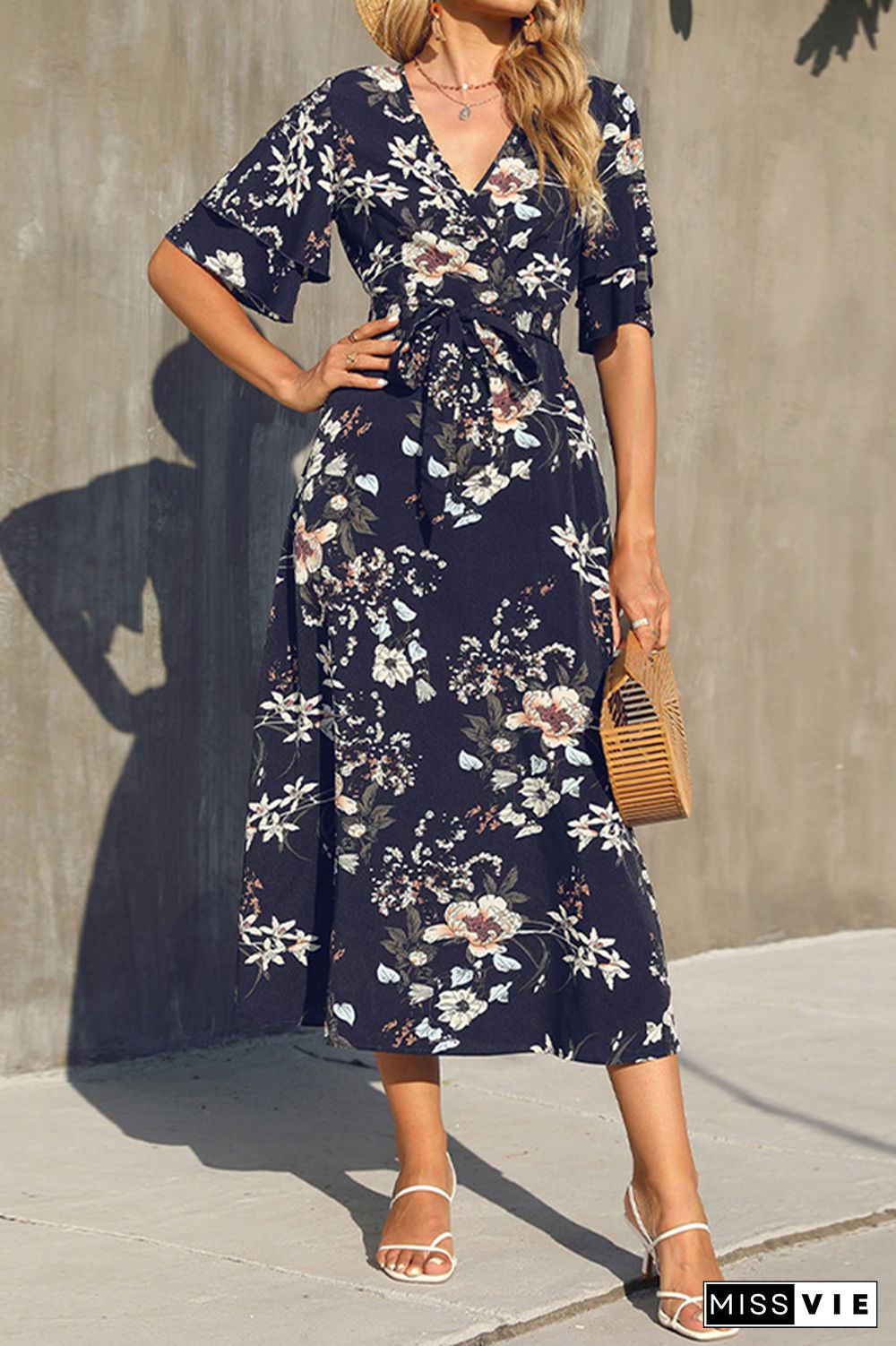 Floral Print V-neck Tie Waist Maxi Dress Wholesale