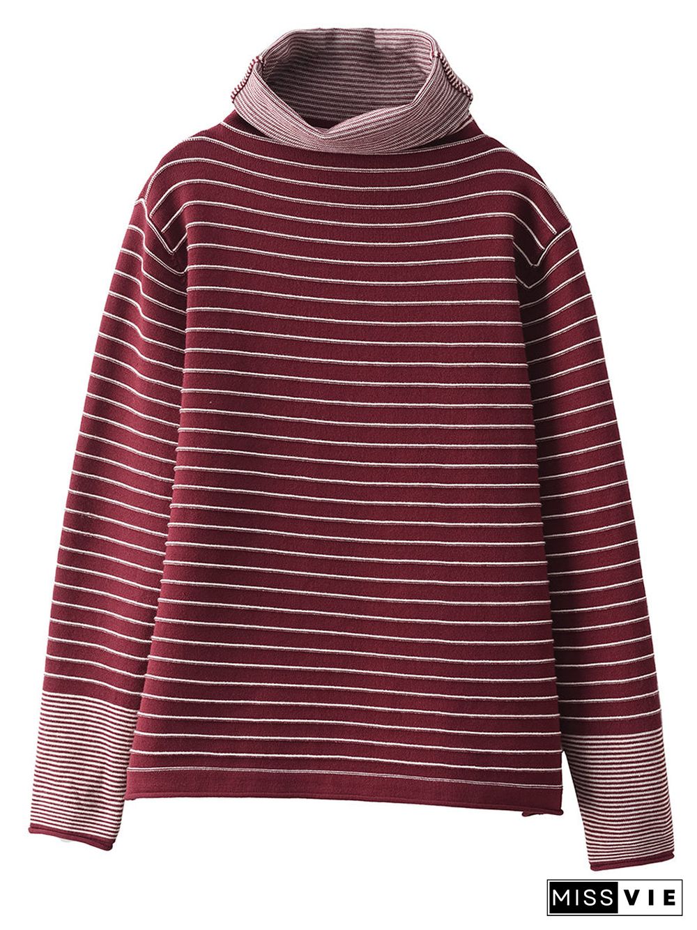 Women Casual Stripe Spliced Turtleneck Warm Sweatshirt