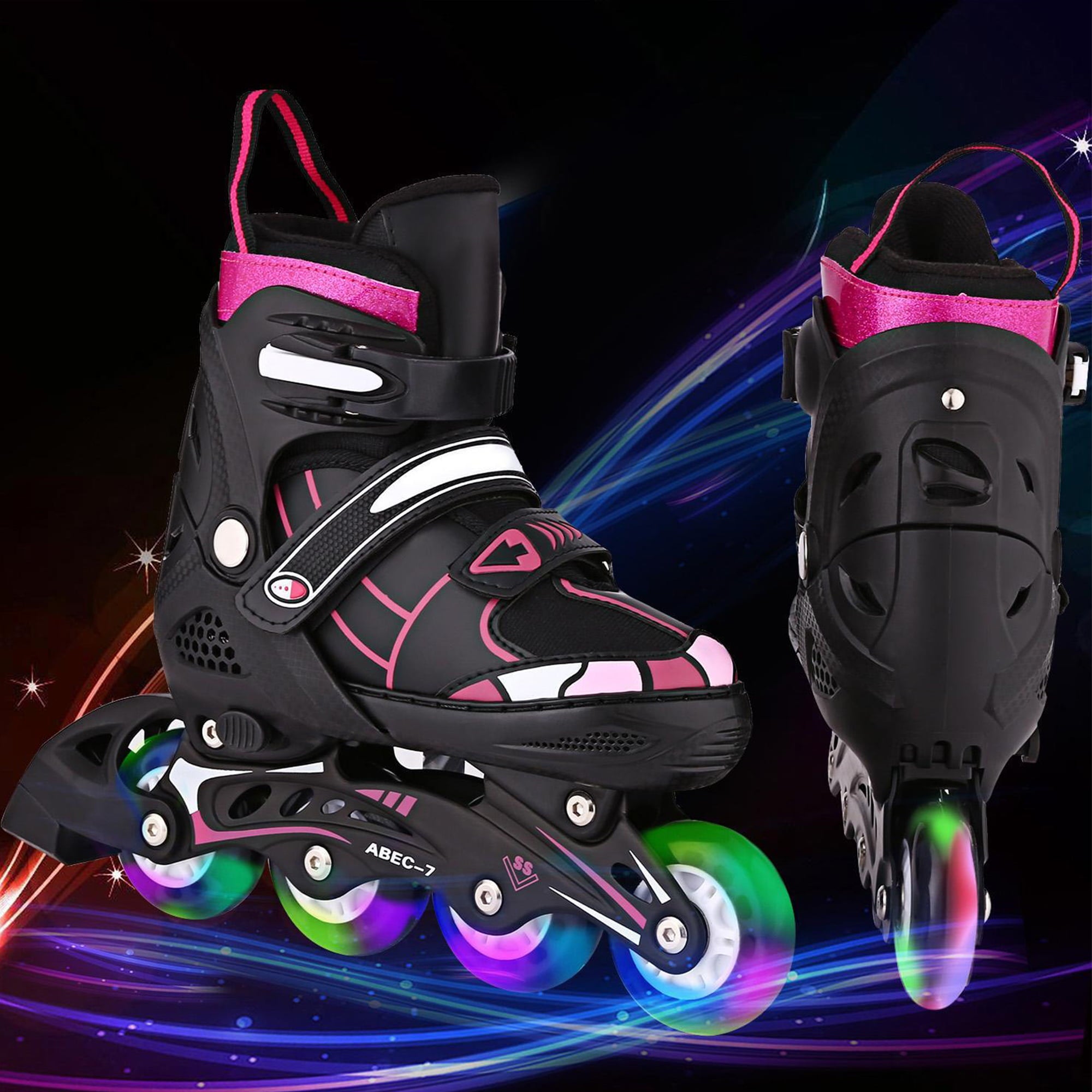 Adjustable Blades Inline Skates with Light up Wheels Beginner Artificial Leather Rollerblades Fun Illuminating Roller Skates for Kids Boys and Girls