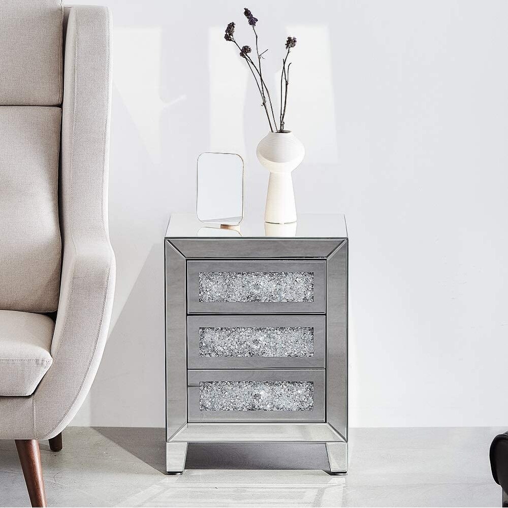 Mirrored Nightstand with 3 Drawers  Mirror Accent Silver Table for Living Room/Bedroom