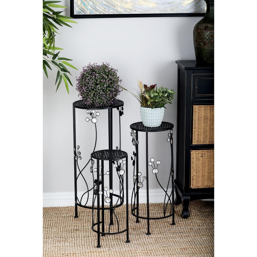 Litton Lane 28 in. Black Cylinder Metal Floral Crystal Plantstand with 3-Tiers 63345