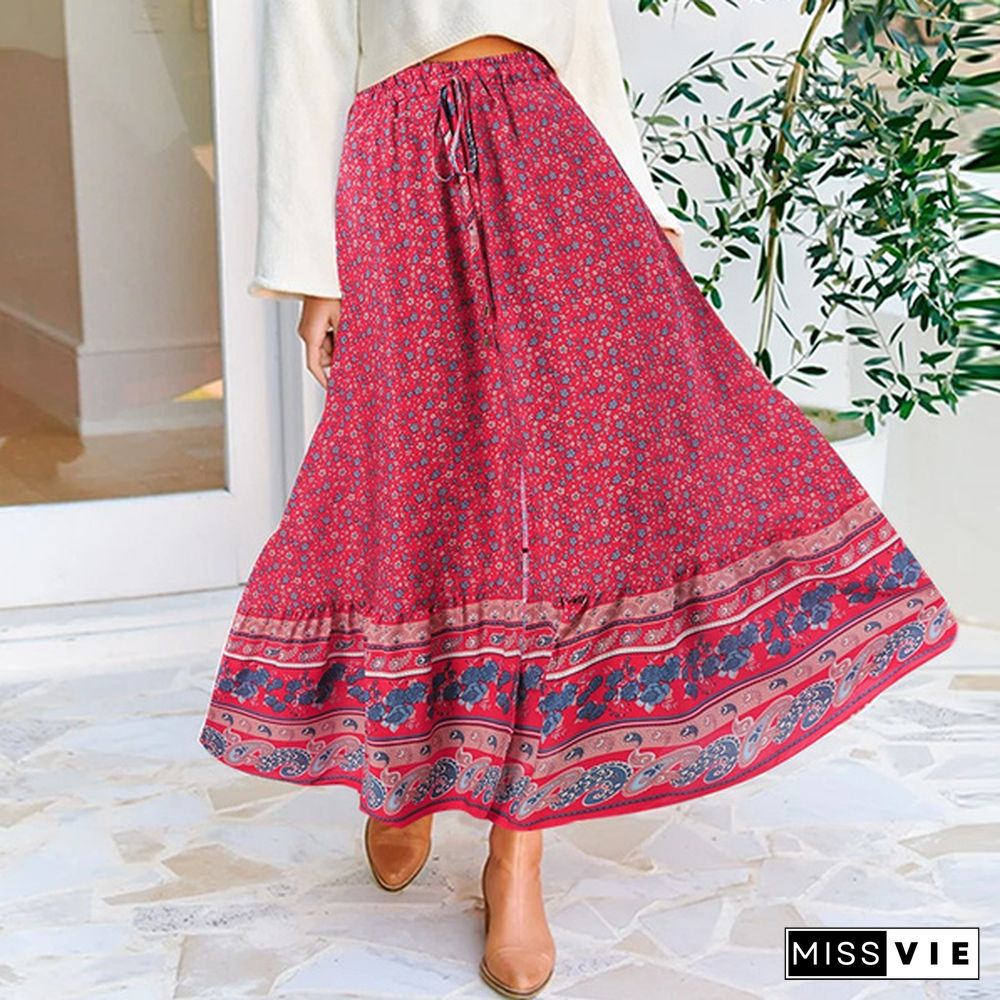 Women Floral Print Long Skirt Dress Elastic High Waist Bohemian Party Casual Swing Pleated Maxi Skirts Plus Size