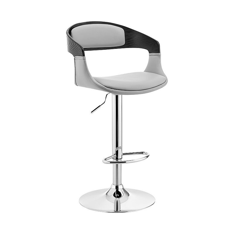 Open Back Faux Leather and Metal Bar Stool， Gray and Black