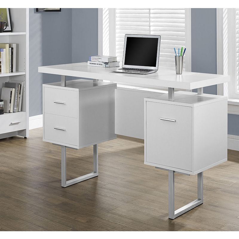 60 White and Silver Contemporary U-Shaped Computer Desk