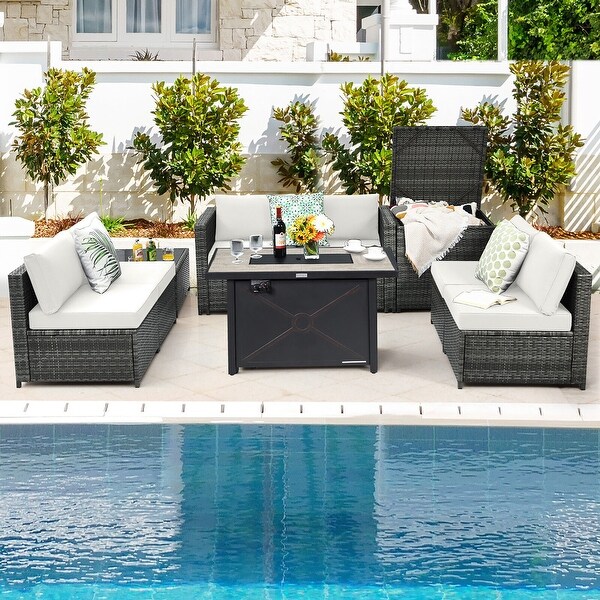 Gymax 9 PCS Patio Rattan Furniture Set Fire Pit Table Storage Black W/