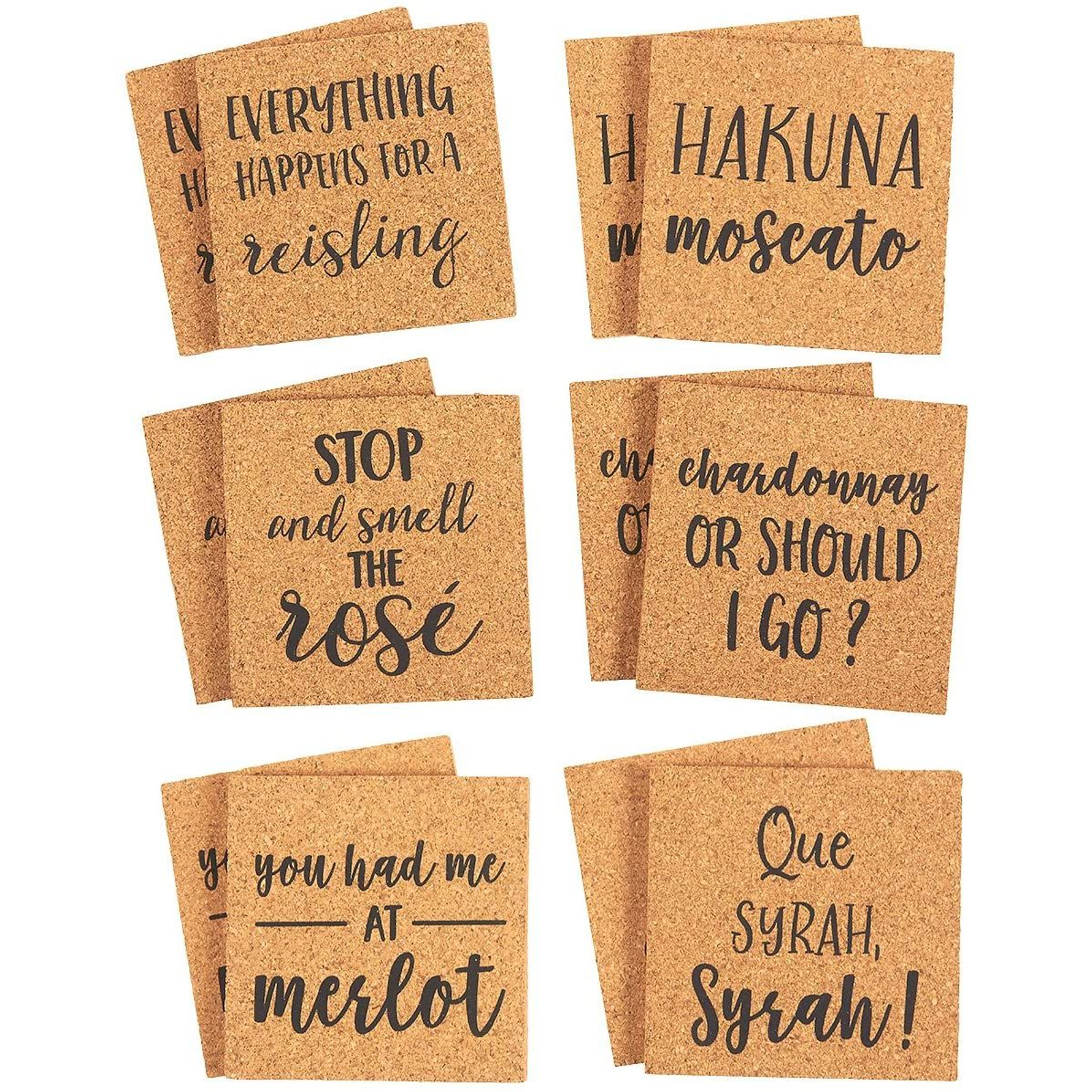 Square Cork Coasters with Funny Quotes (12 Pack)