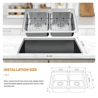 Glacier Bay Bratten Drop-InUndermount 18G Stainless Steel 33 in. 2-Hole 5050 Double Bowl Kitchen Sink with Accessories VT3322TA0ACC