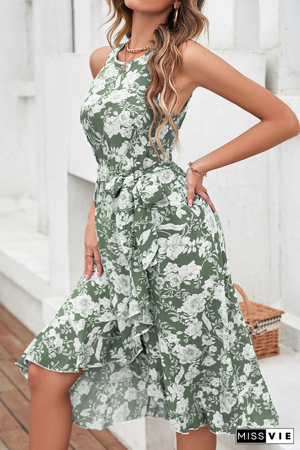 Halter Neck Sleeveless Floral Midi Dress Wholesale