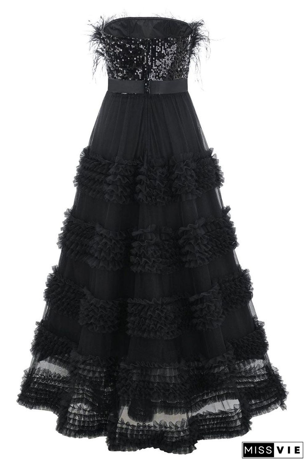 Elegant Feather Strapless Sequin Tiered Ruffle Tulle Evening Maxi Dress - Black