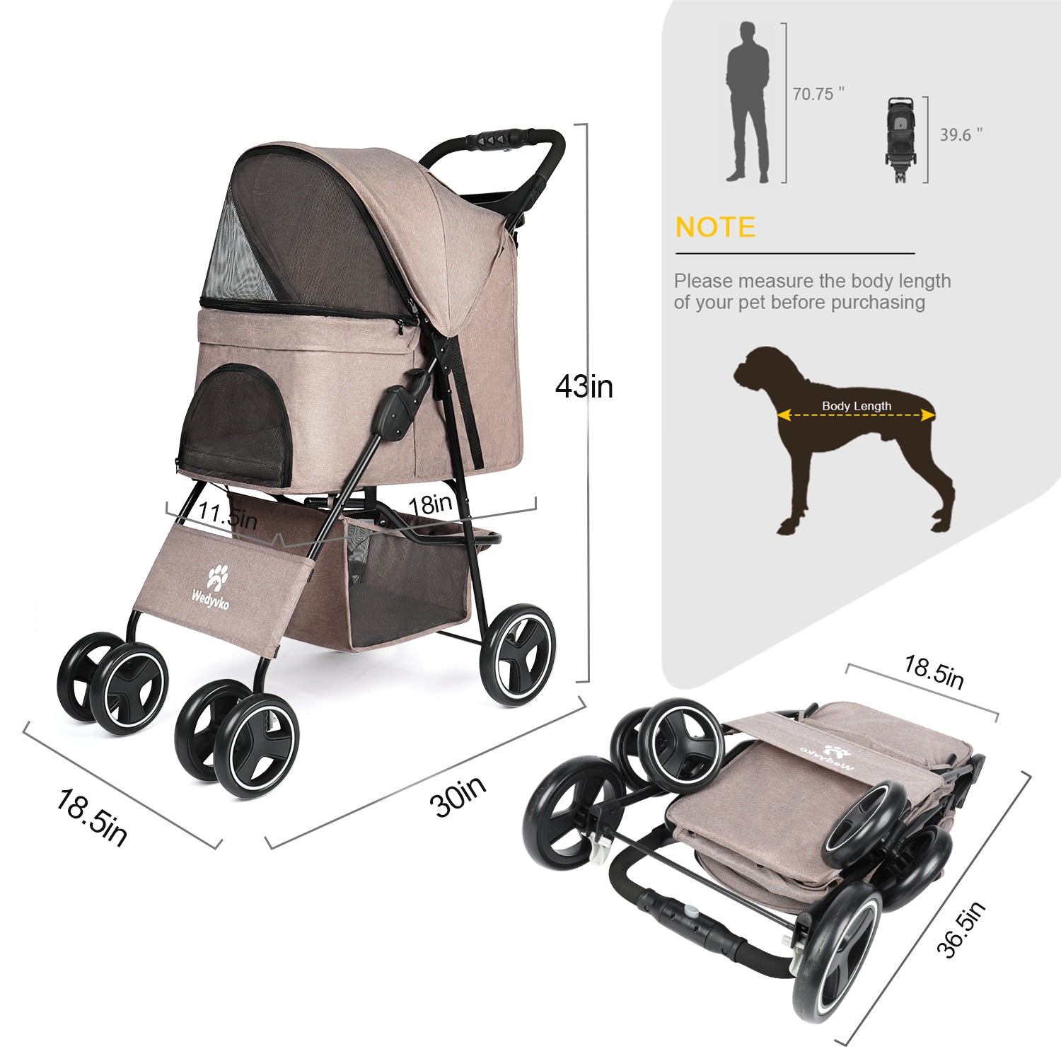 Wedyvko Pet Dog Stroller， 4 Wheeled Foldable Pet Stroller with Storage Basket and Cup Holder， Front Wheel 360° Rotation， Suitable for Small and Medium-Sized Pets(Brown)