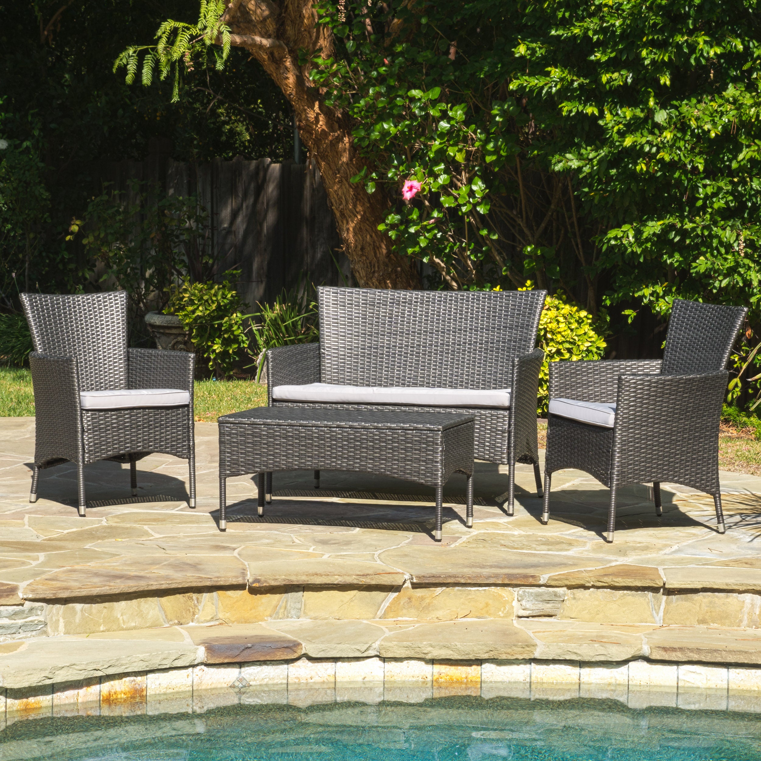 Mina Outdoor 4 Piece Wicker Chat Set with Water Resistant Cushions