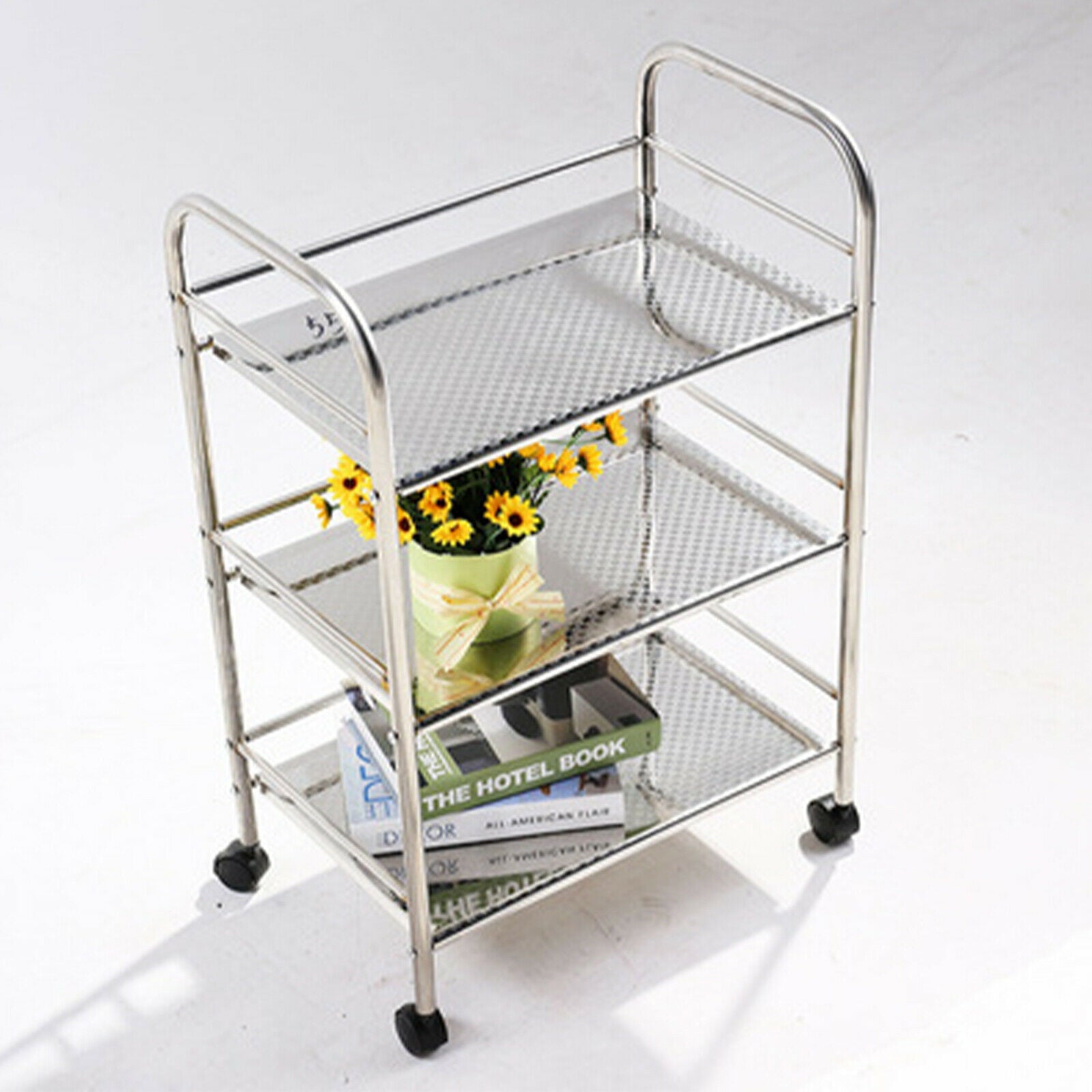 3 Tier Stainless Steel Utility Cart Multi-Purpose Cart Kitchen Island with Wheels Serving Trolley Catering Storage Shelf 3 Tier Rolling Cart with Handle Bar Serving Cart with Wheel