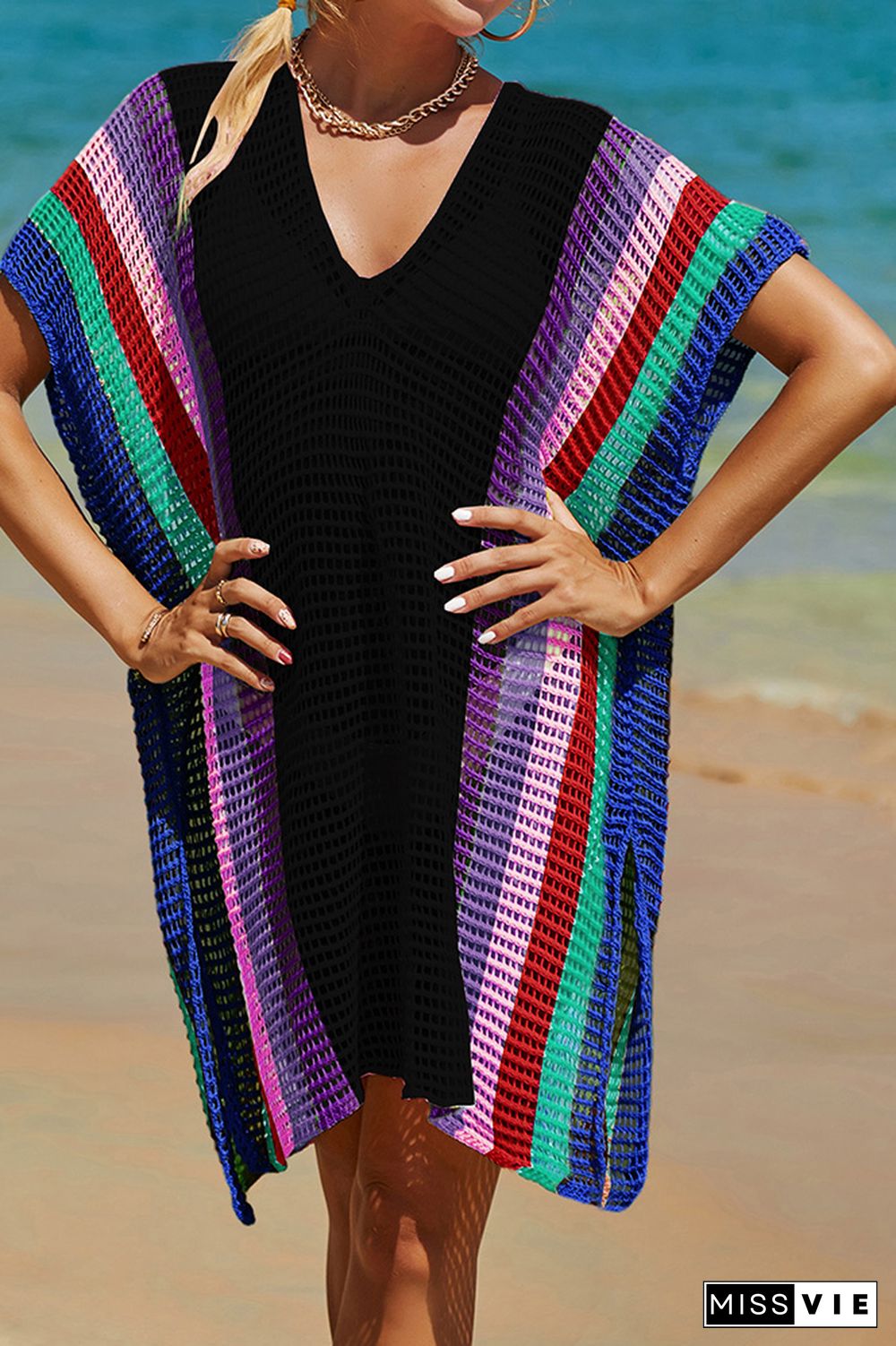 Rainbow Colorblock Splicing Beach Cover Up