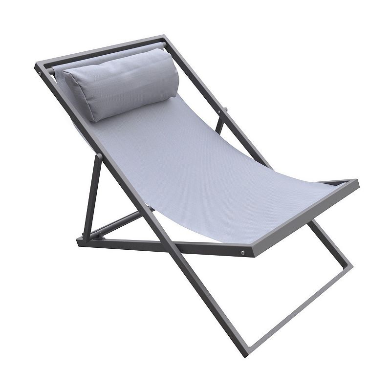 Textilene Upholstered Deck Chair with Padded Headrest， Gray