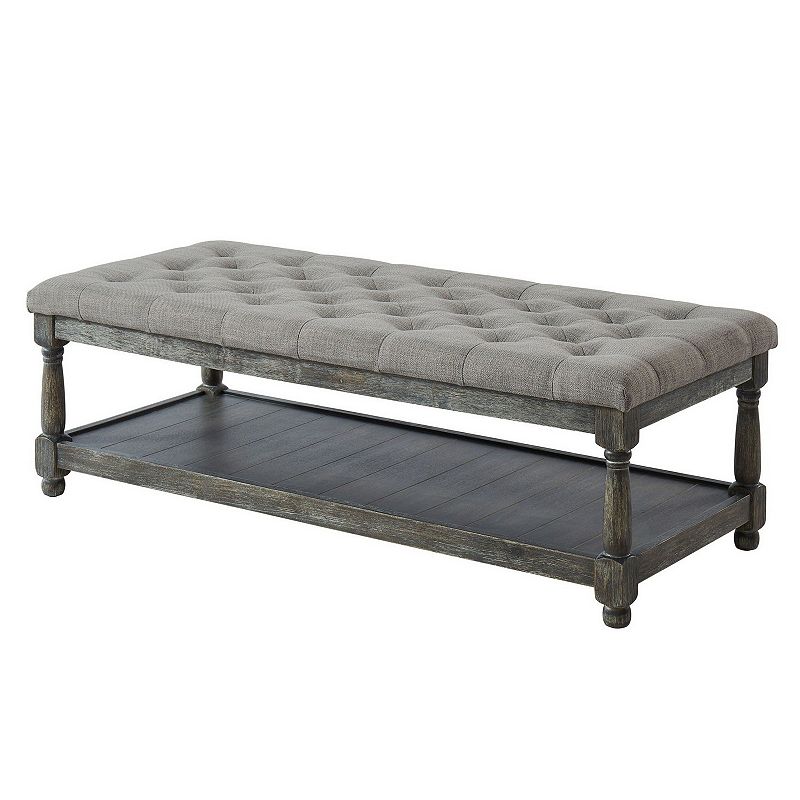 Fabric Upholstered Bench with Button Tufted Seat and Bottom shelf， Gray