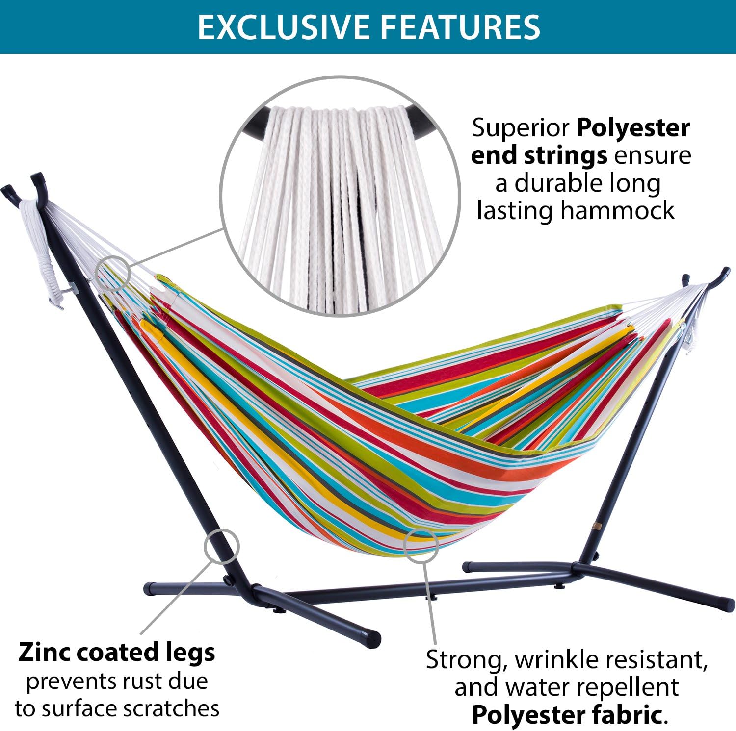 Double Cotton Hammock with Space Saving Steel Stand, Tropical (450 lb Capacity - Premium Carry Bag Included)