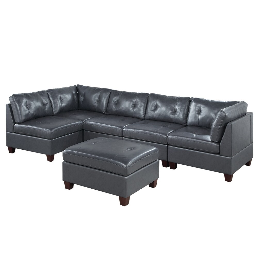 6 Piece Leather Upholstered Modular Sectional Sofa Set with 1 Ottoman