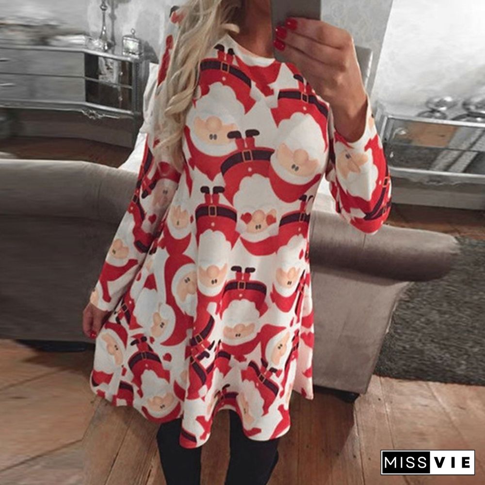 Ladies Casual Long Sleeve Round Neck Christmas Party Dress Women Christmas Tree Elk Snowman Printed A Line Tunic Dress Plus Size 5XL