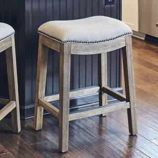 New Ridge Home Goods Saddle Backless Natural Wood 25.5 in. Counter-Height Bar Stool with Cream Linen Seat One Stool NH100152-FCS-WN