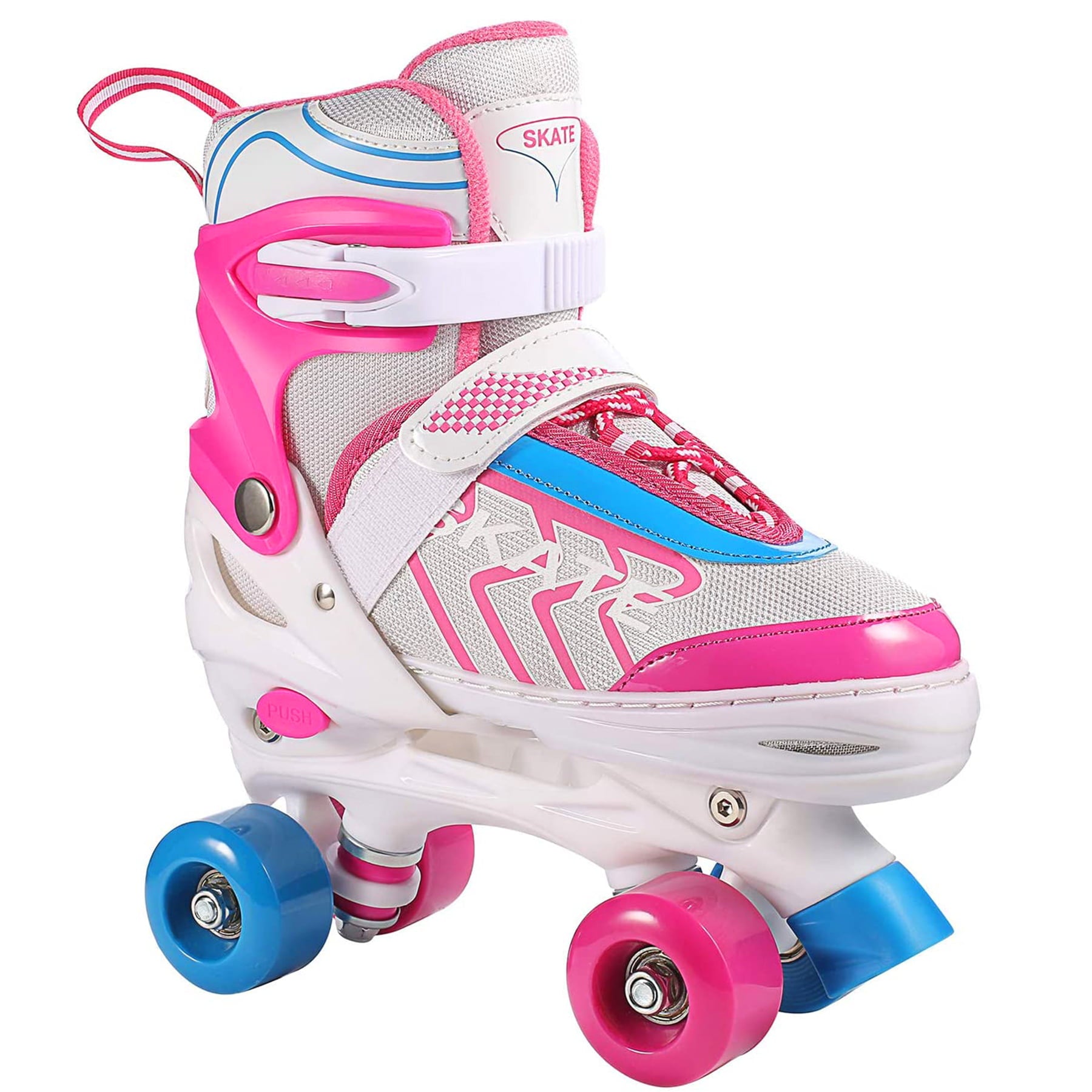 Kids Roller Skates Adjustable Pink M Size Comfortable Breathable and PVC Quad Roller Skates Suitable for Boys and Girls/Beginners Indoor and Outdoor