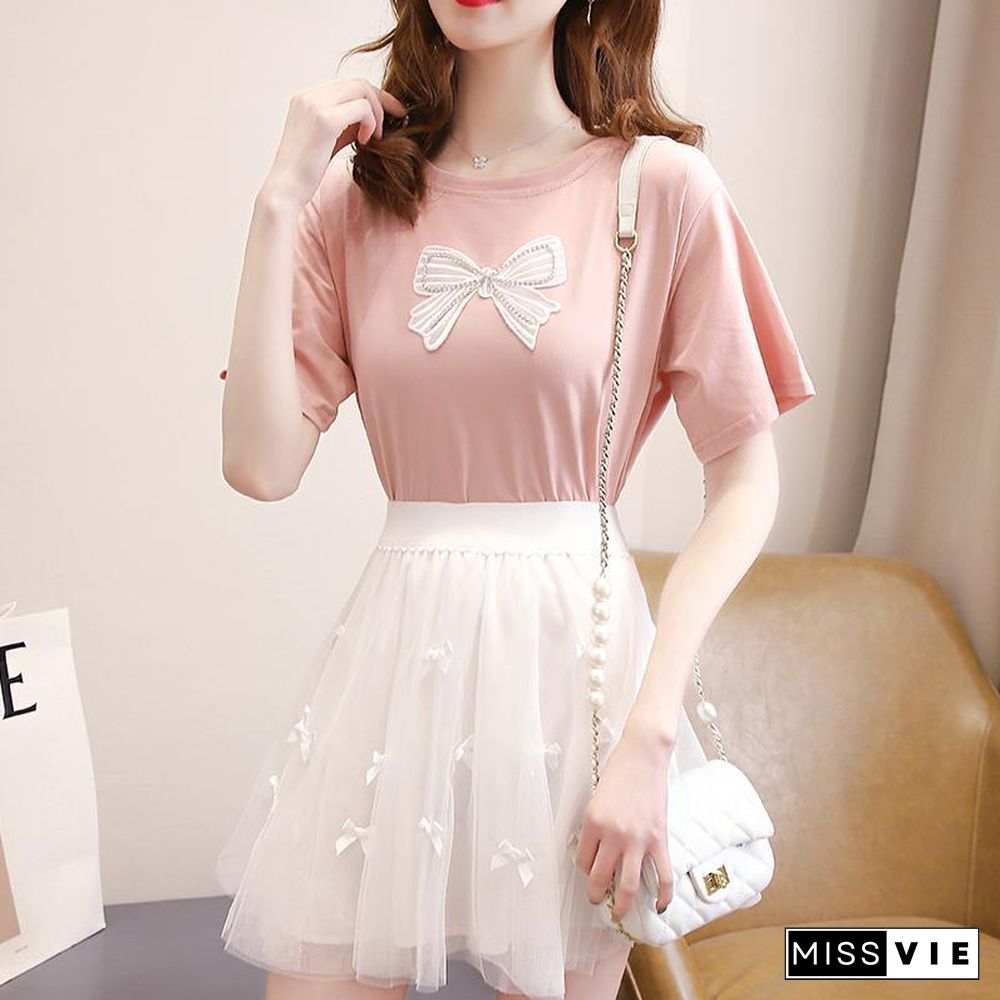 Sweet Bowknot Tee+Mesh Skirt P15738