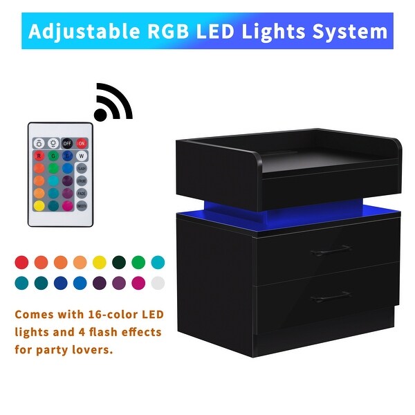 Nightstand with 2 Drawers，USB Charging Ports and Remote Control LED Light-Black - - 37505562