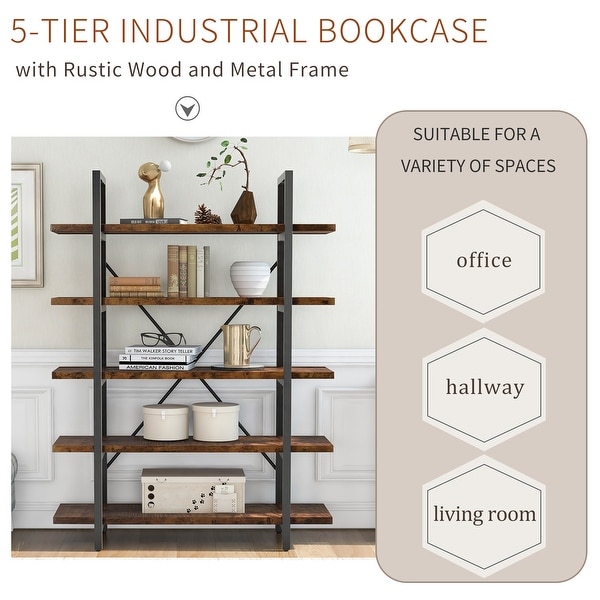 5-tier Bookcase with Wood and Metal Frame， Large Open Bookshelf for