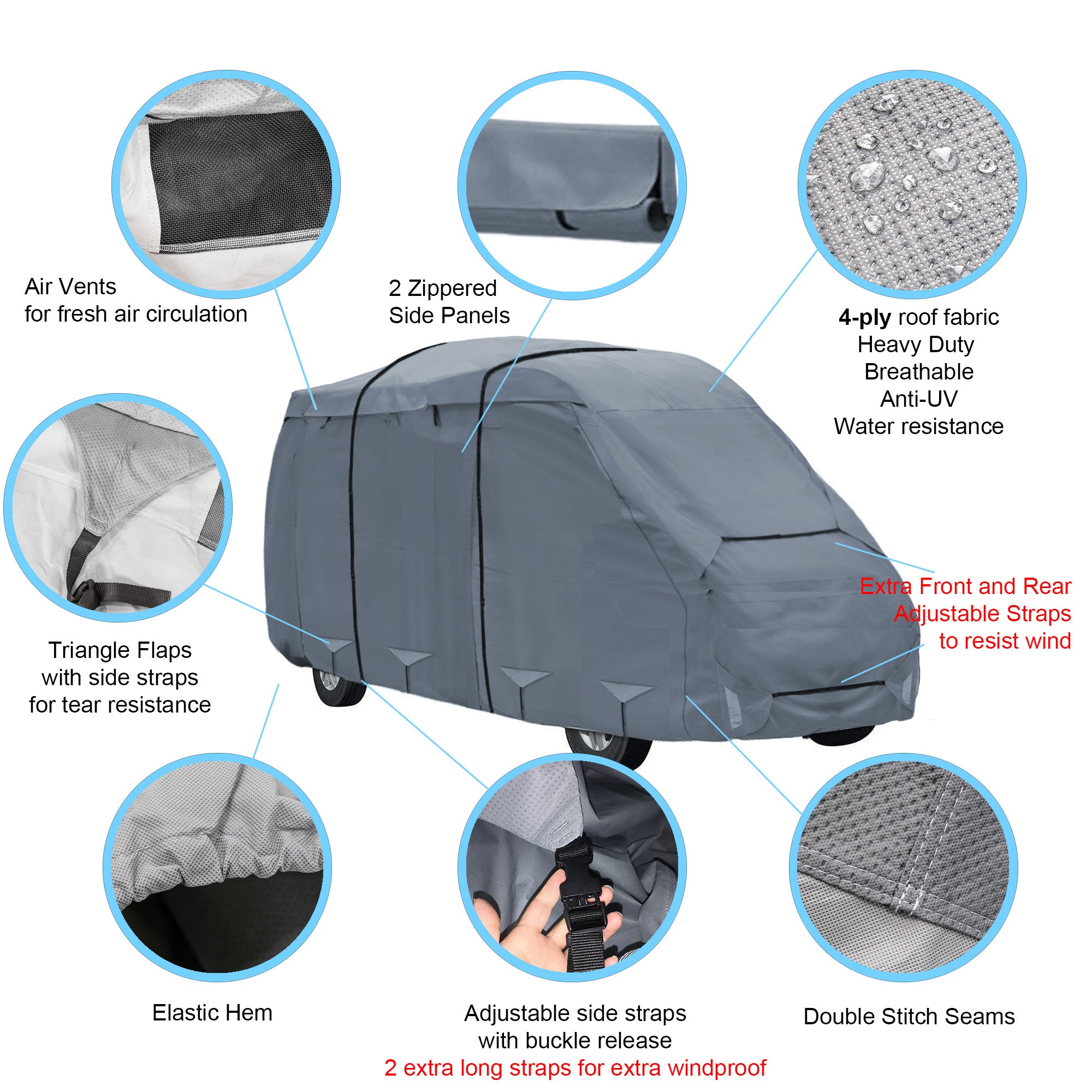 GEARFLAG Class B RV Cover 4 Layers Reinforced Windproof Side-Straps Anti-UV Water-Resistance Heavy Duty for Camper Van and Conversion Van(Fits 17' - 20')