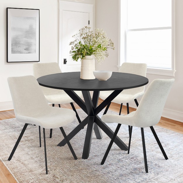 Gadgsetstore 5 piece Solid Black Round Dining Table Set With 4 Upholstered Dining Chairs With Black