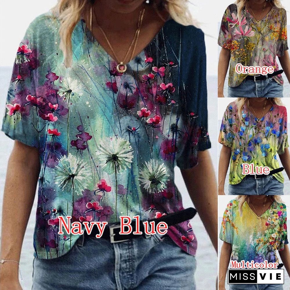 New Fashion Women's Abstract Printed Short Sleeve Tops Casual Blouse Fashion V-neck Tshirt