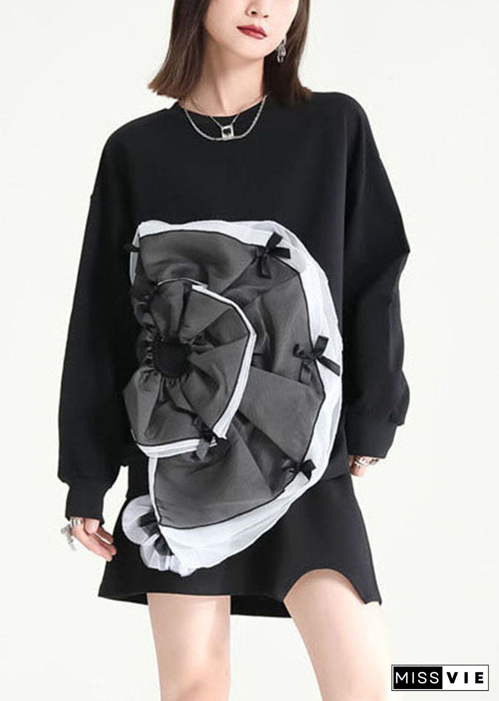 Bohemian Black Asymmetrical Patchwork Tulle Applique Cotton Sweatshirts Dress Fall