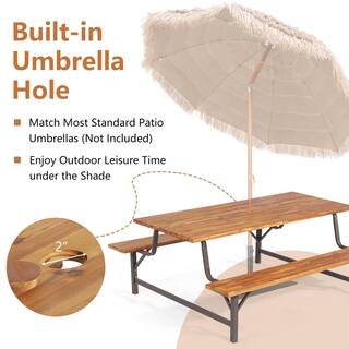 ANGELES HOME 6-Person Rectangle Wood Outdoor Picnic Table and Bench Set with 2 Inch Umbrella Hole 558CKKC465+