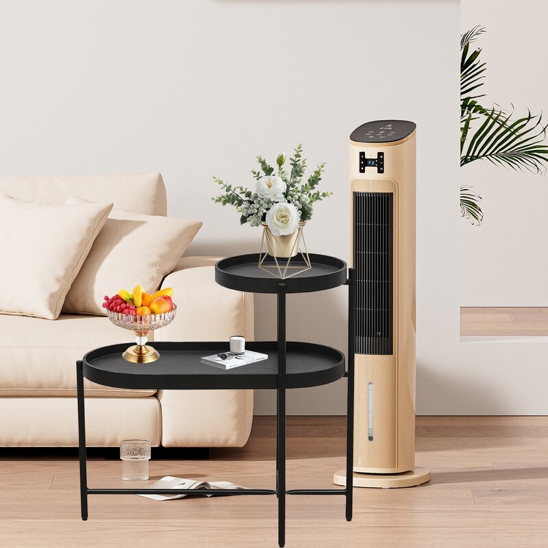 2 Tier Black Side Table with Storage for Living Room