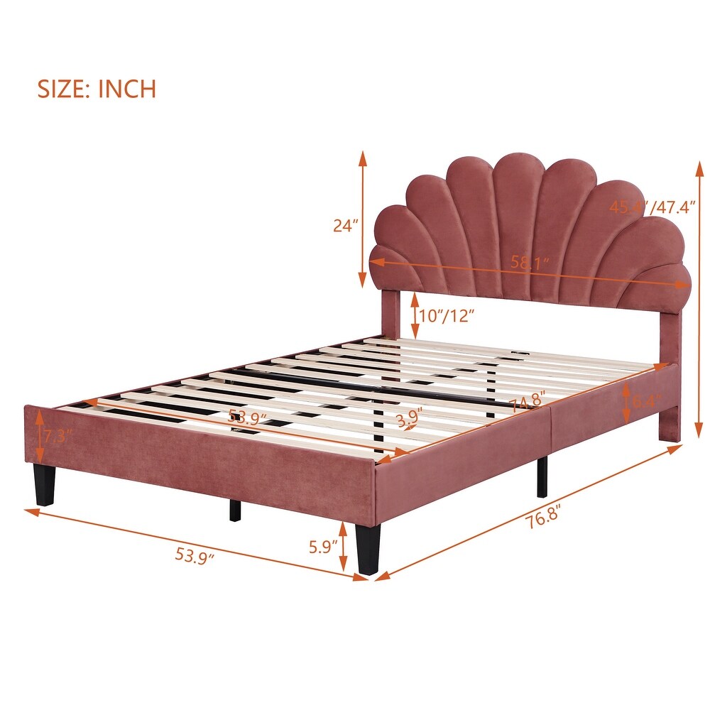 Far Ahead Theme Velvet Platform Bed Upholstered Bed with Flowers Shaped Headboard  Wood Slat Platform Bed for Bedroom