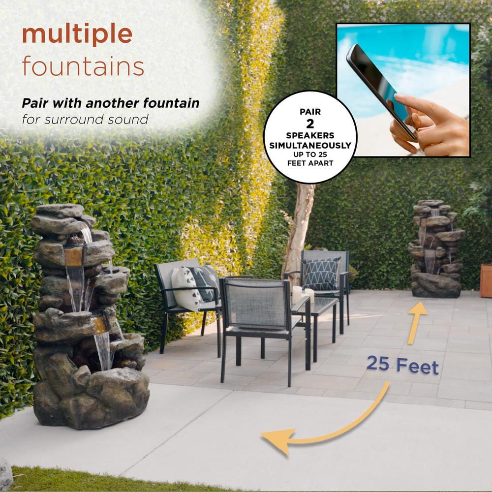 Alpine Corporation 51 in. Tall Outdoor Rainforest Floor Tiered Fountain with LED Lights and Bluetooth Speaker TZL199