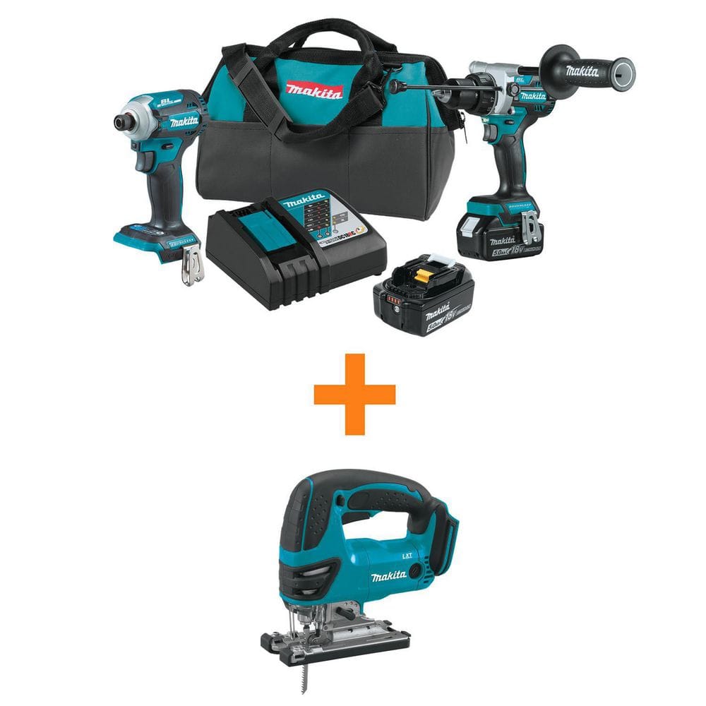 Makita 18V LXT Lithium-Ion Brushless Cordless Combo Kit 5.0 Ah (2-Piece) with bonus 18V LXT Lithium-Ion Cordless Jigsaw XT288T-XVJ03Z