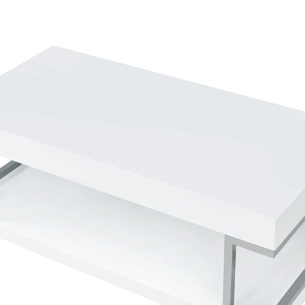 High Gloss Contemporary Coffee Table with Bottom Shelf， White and Silver