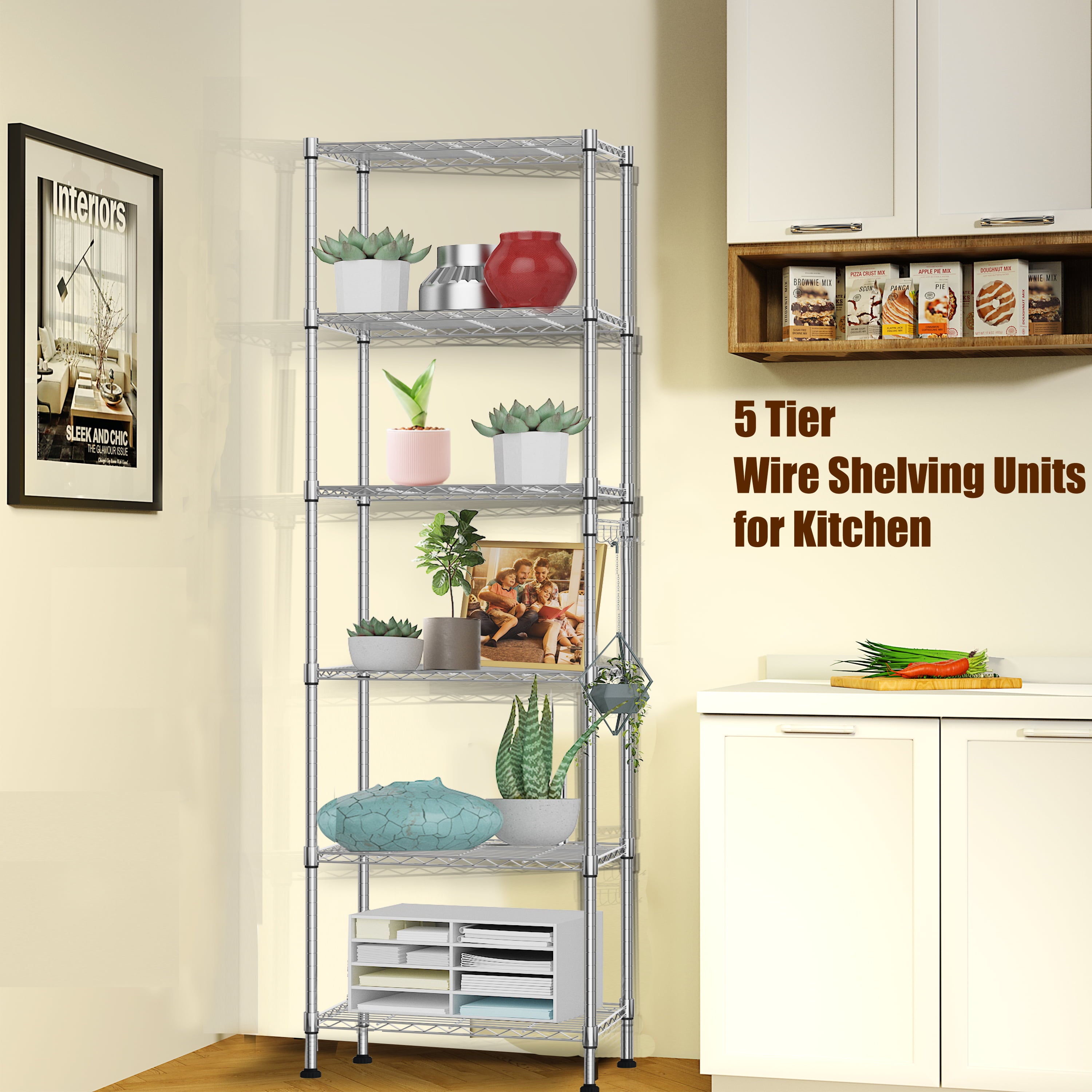 6-Tier Wire Shelving Unit Storage Rack Metal Shelf Organizer with 6 Hooks for Kitchen Bathroom Garage Balcony 21.26