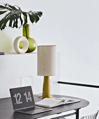 Mustard yellow table lamp with natural linen shade