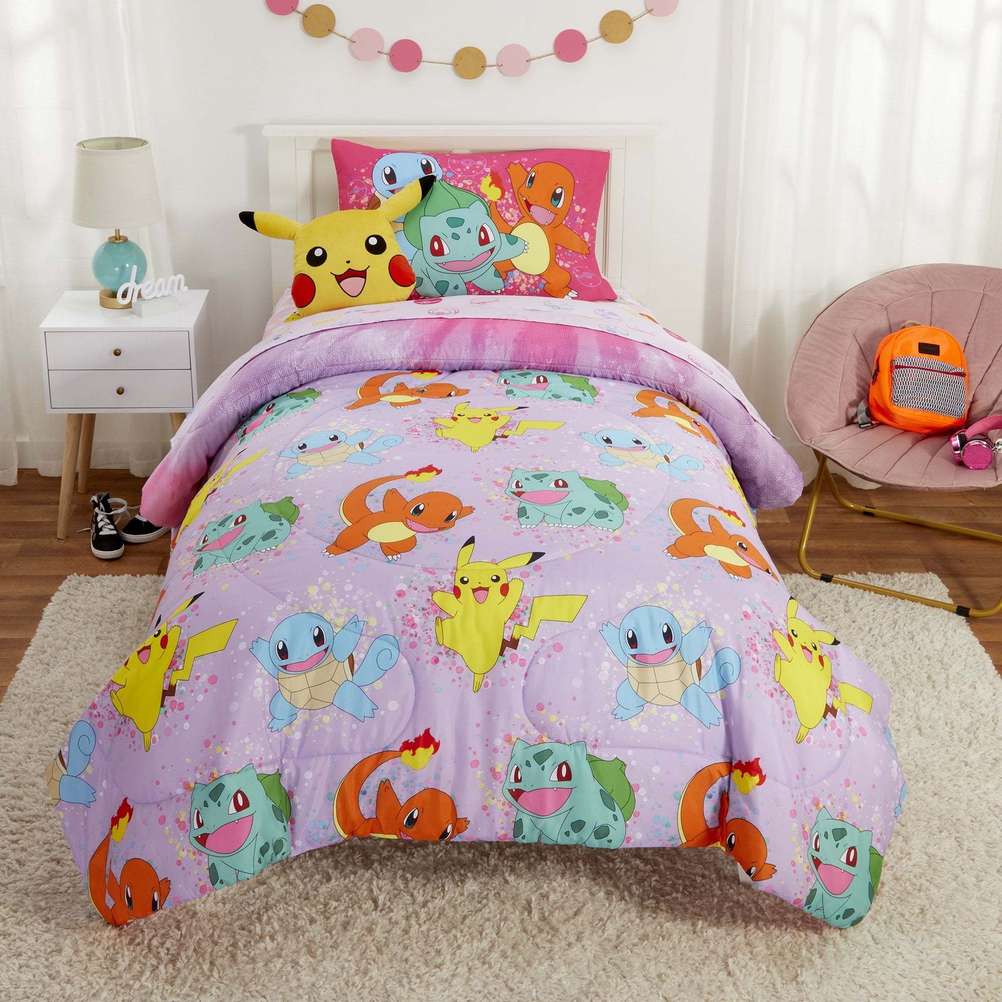 Pokémon Kids Twin Bed in a Bag, Tie-Dye, Gaming Bedding, Comforter and Sheets, Purple