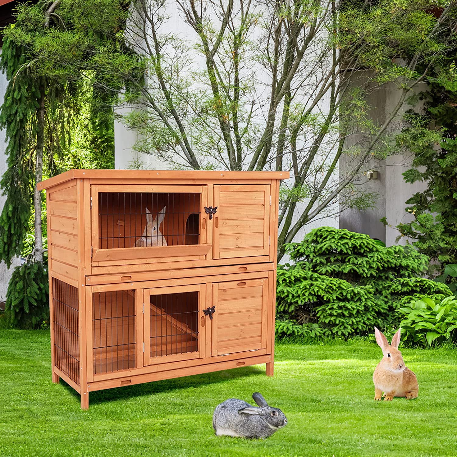 Arlopu 42.3'' Rabbit Hutch， Wooden Bunny Hutch Poultry Cage Indoor Outdoor Backyard Small Animal House