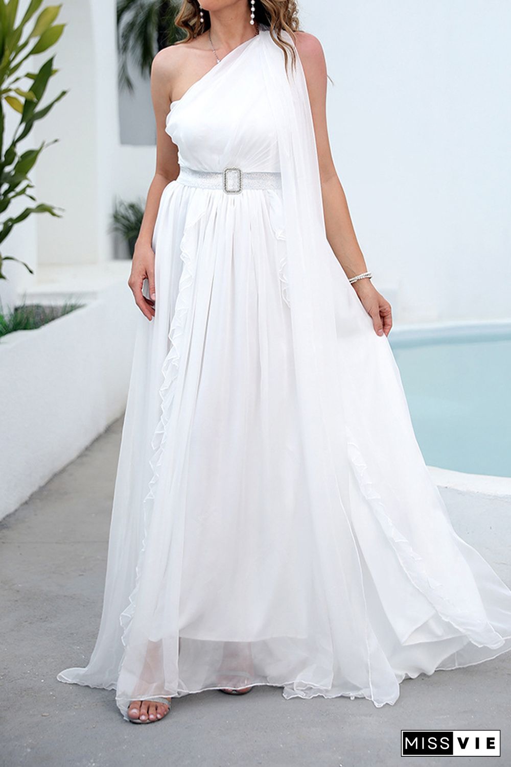 White One Shoulder Sleeveless Split Prom Dress