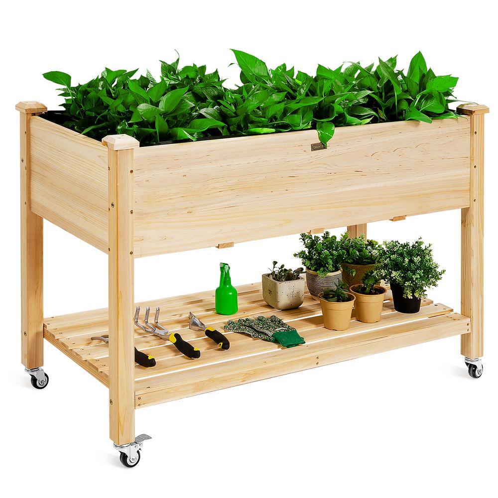 HONEY JOY Wood Elevated Garden Bed with Storage Shelf Wheels and Liner Suitable for Vegetable Flower Herb TOPB004699