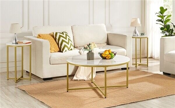 Set of 2 X-Based Faux Marble End Table Home Furniture w/ Round Top and Metal Legs