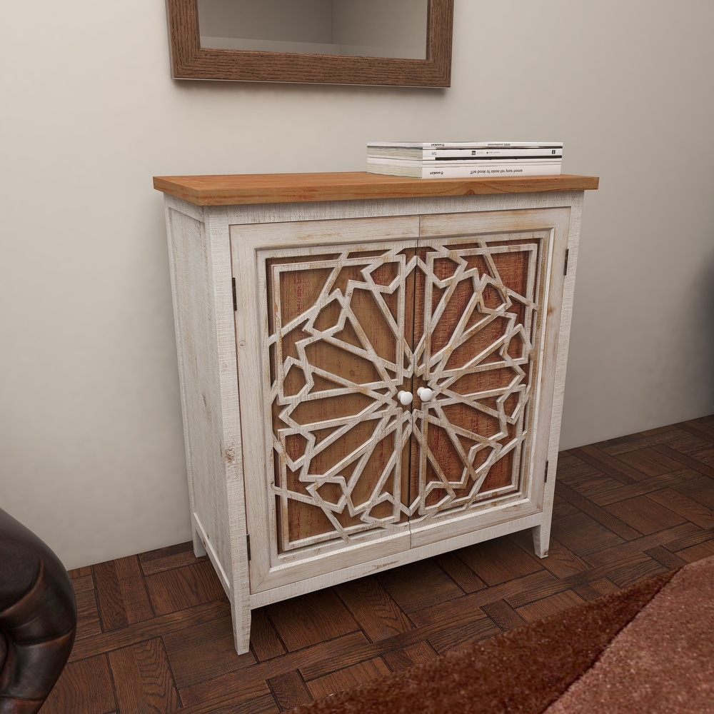 Brown Wood Farmhouse Cabinet with Carved Relief Overlay   14\