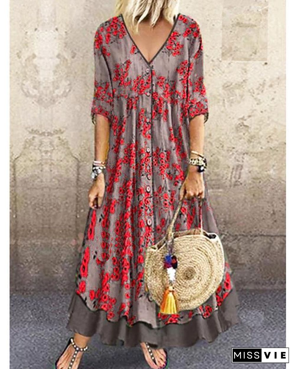 Women's A-Line Dress Maxi long Dress - Half Sleeve Floral Layered Button Print Spring & Summer Deep V Hot Casual Holiday vacation dresses Loose  Red Green Gray M L XL XXL 3XL